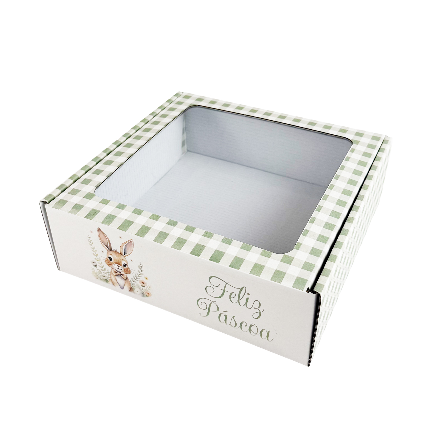 Produteo_2.jpg Caixa Cartão Branca 20x20x7cm c/ janela Páscoa Coelho c/ Laço – Norpack - Image 1