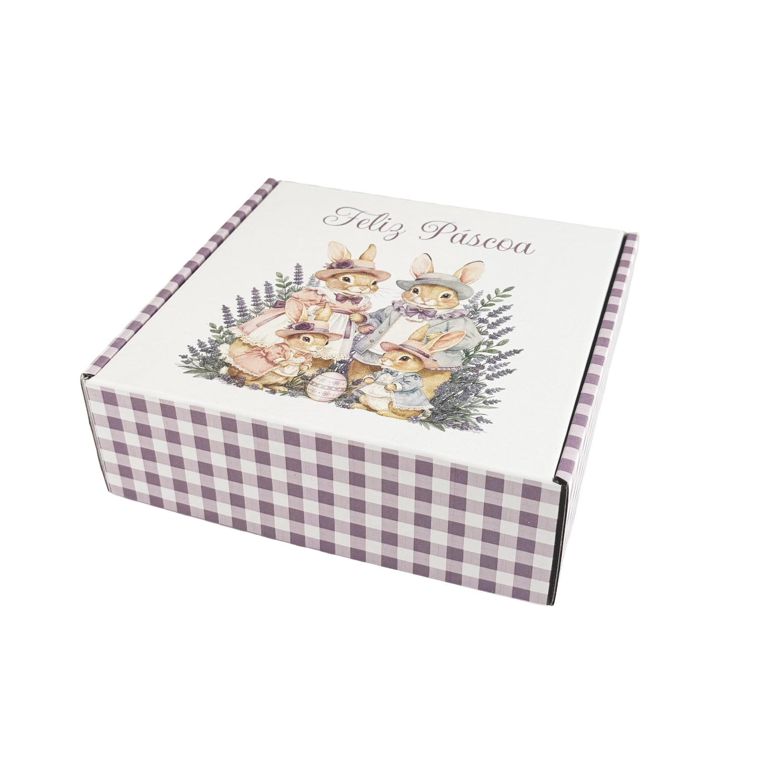 Prooduto1.jpg Caixa Cartão Branca 20x20x7cm Páscoa Família Coelhos – Norpack - Image 1