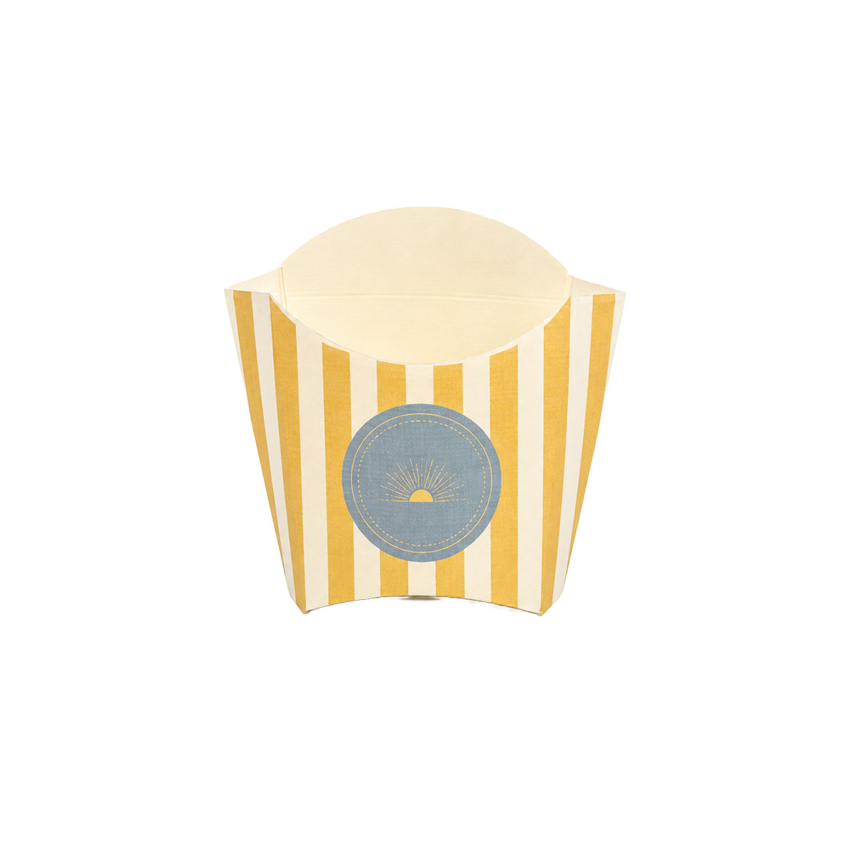 caixa-batatas-fritas-branca-riscas-amarelas-380500000003-1.jpg Caixa Cartão Branco para Batata Frita 13x8x13,5cm Coleção Verão Riscas Amarelas – Norpack - Image 1