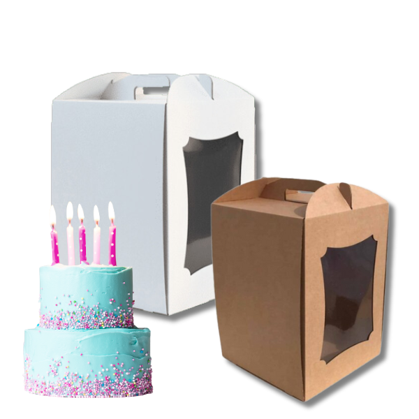 caixa-bolo-alto-sem-janela-6.png Caixa Cartão Micro Pastelaria Branca ou Kraft c/Pega c/Janela 25x25x34cm - Para Bolos Altos – Norpack - Image 1