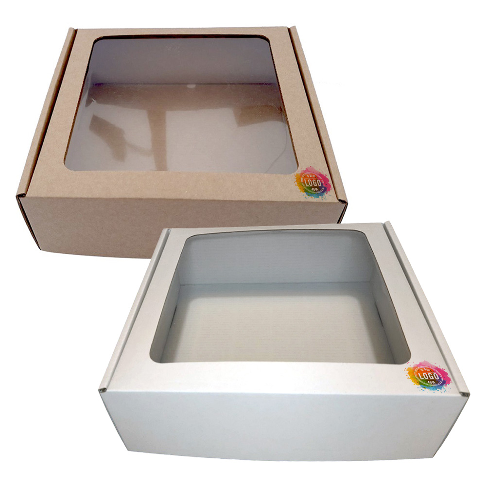 caixa-cartao-kraft_janela_impressao_embalsantos_2.jpg Caixa Cartão Presente c/Janela Quadrada 20x20x7cm c/Impressão – Norpack - Image 1