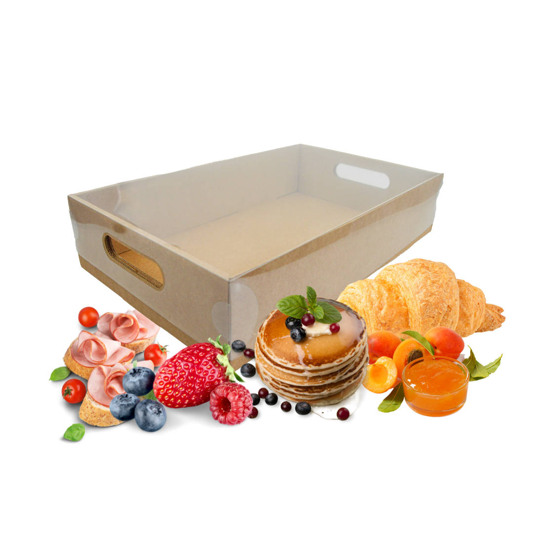caixa-tabuleiro4.png Caixa Cartão kraft / Tabuleiro c/ tampa PVC 31,5x19,5x6,7cm- Pastelaria / Take Away / Presente – Norpack - Image 1
