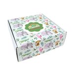 Caixa Cartão Postal Branca 250mmx250mmx90mm Padrão Elefantes, Flamingos e Macacos + Logo – Norpack