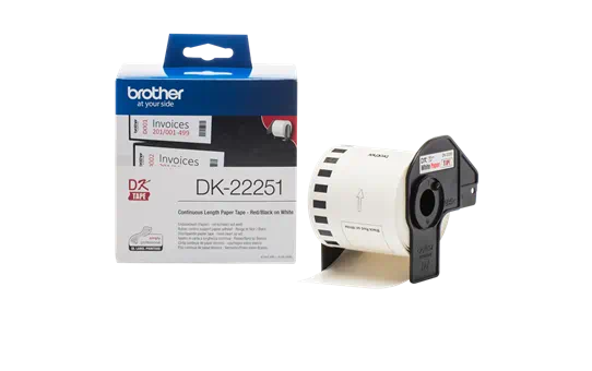 embalsantos_DK22251_02-2.webp Rolo Papel Contínuo Autocolante Branco p/ impressão Preto e Vermelho DK22251 - 62 MM x 15,24MTS para impressoras QL BROTHER – Norpack - Image 1