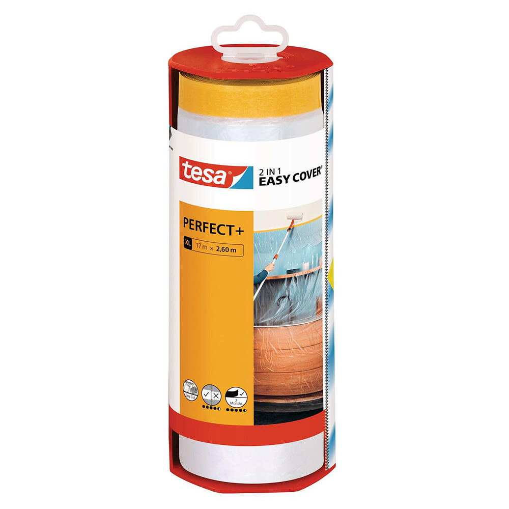fita-pinturas_obras-tesa_embalsantos.jpg Rolo Plástico c/Fita Adesiva Pintura (Inclui Desenrolador) tesa® Easy Cover PERFECT+ - Ideal para Pequenas Obras! – Norpack - Image 1