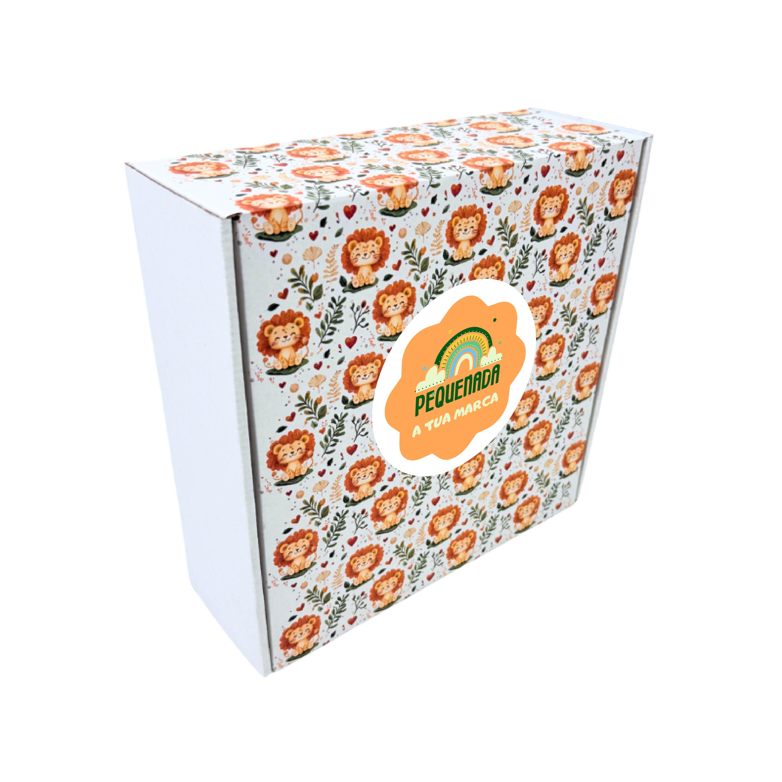 quadrada-leao-personalizada.jpg Caixa Cartão Postal Branca 200mmx200mmx70mm Padrão Leões + Logo – Norpack - Image 1