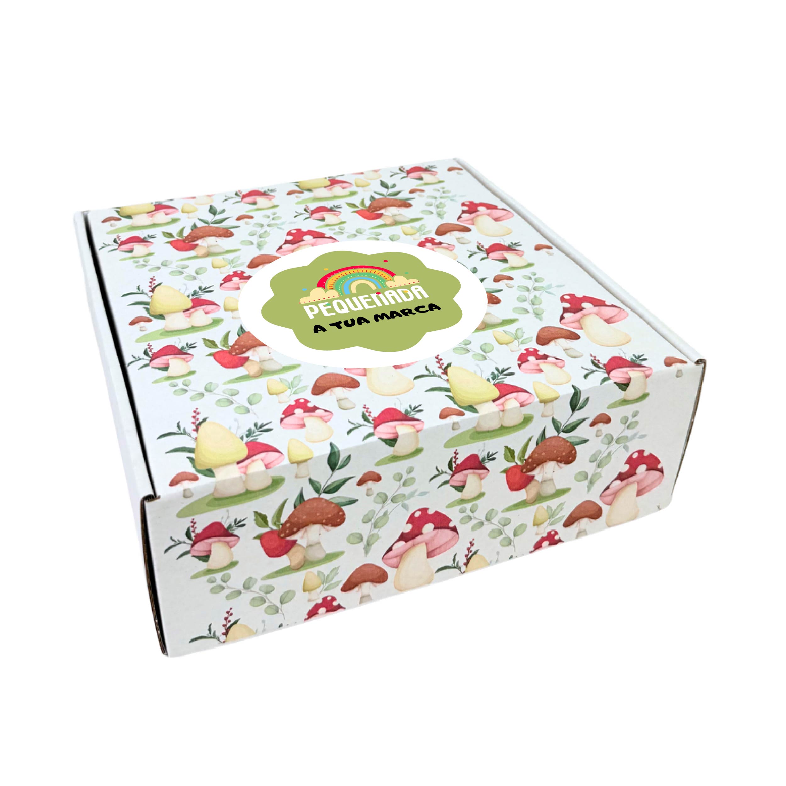 quadrada-personaliza-cogumelos.jpg Caixa Cartão Postal Branca 200mmx200mmx70mm Padrão Cogumelos + Logo – Norpack - Image 1