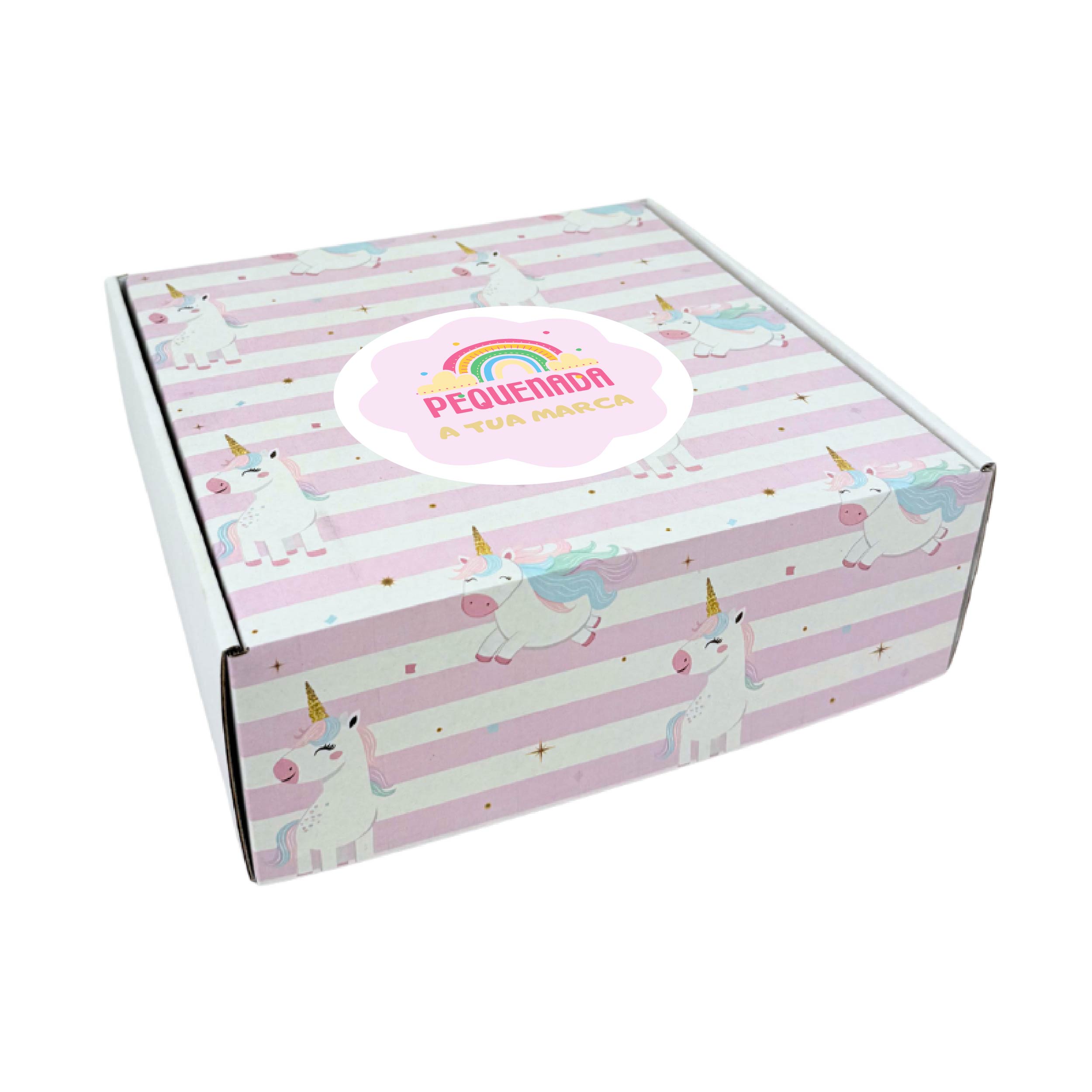 quadrada-personalizada-unicornio.jpg Caixa Cartão Postal Branca 200mmx200mmx70mm Padrão Unicórnios + Logo – Norpack - Image 1