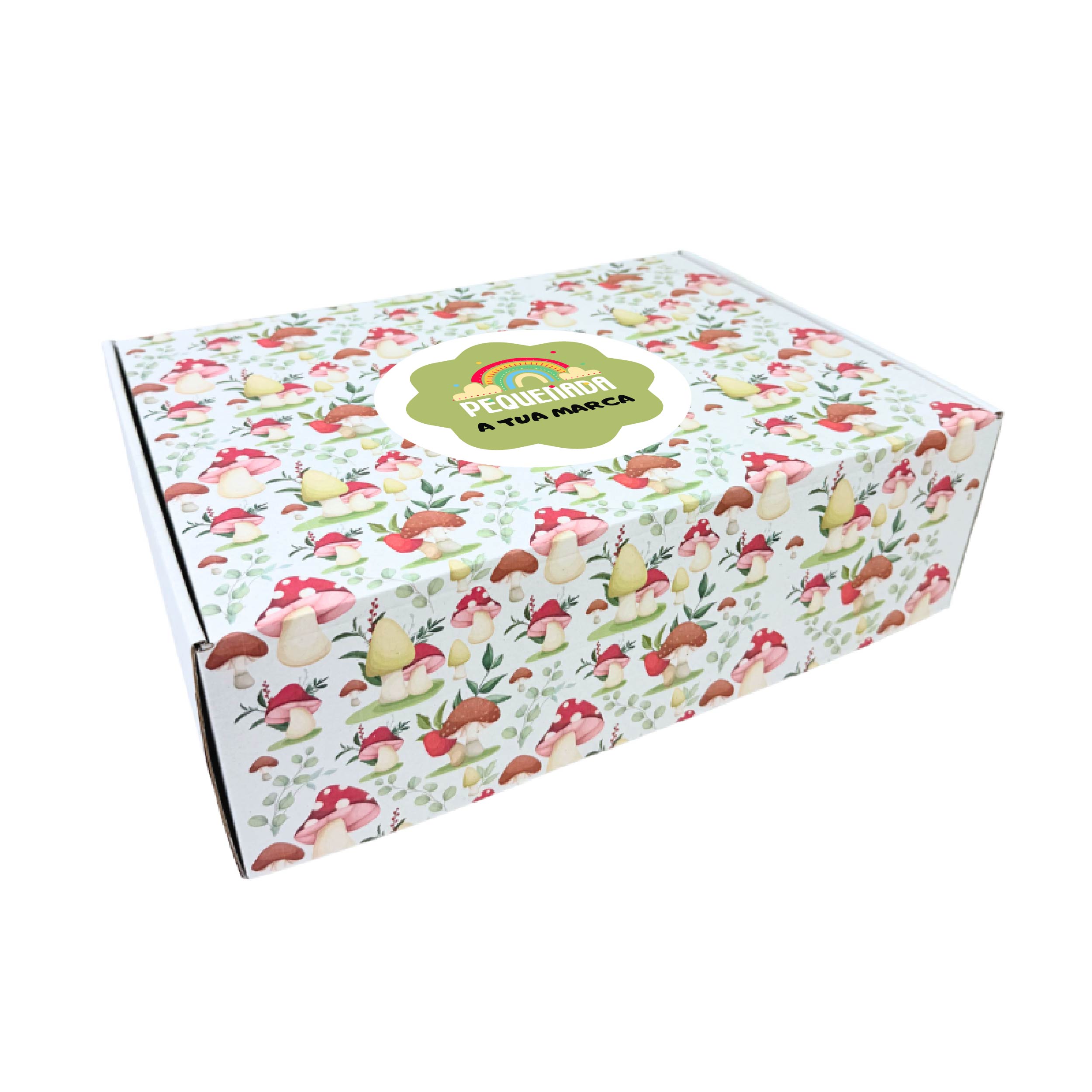 retangular-personaliza-cogumelos.jpg Caixa Cartão Postal Branca 370mmx270mmx120mm Padrão Cogumelos + Logo – Norpack - Image 1