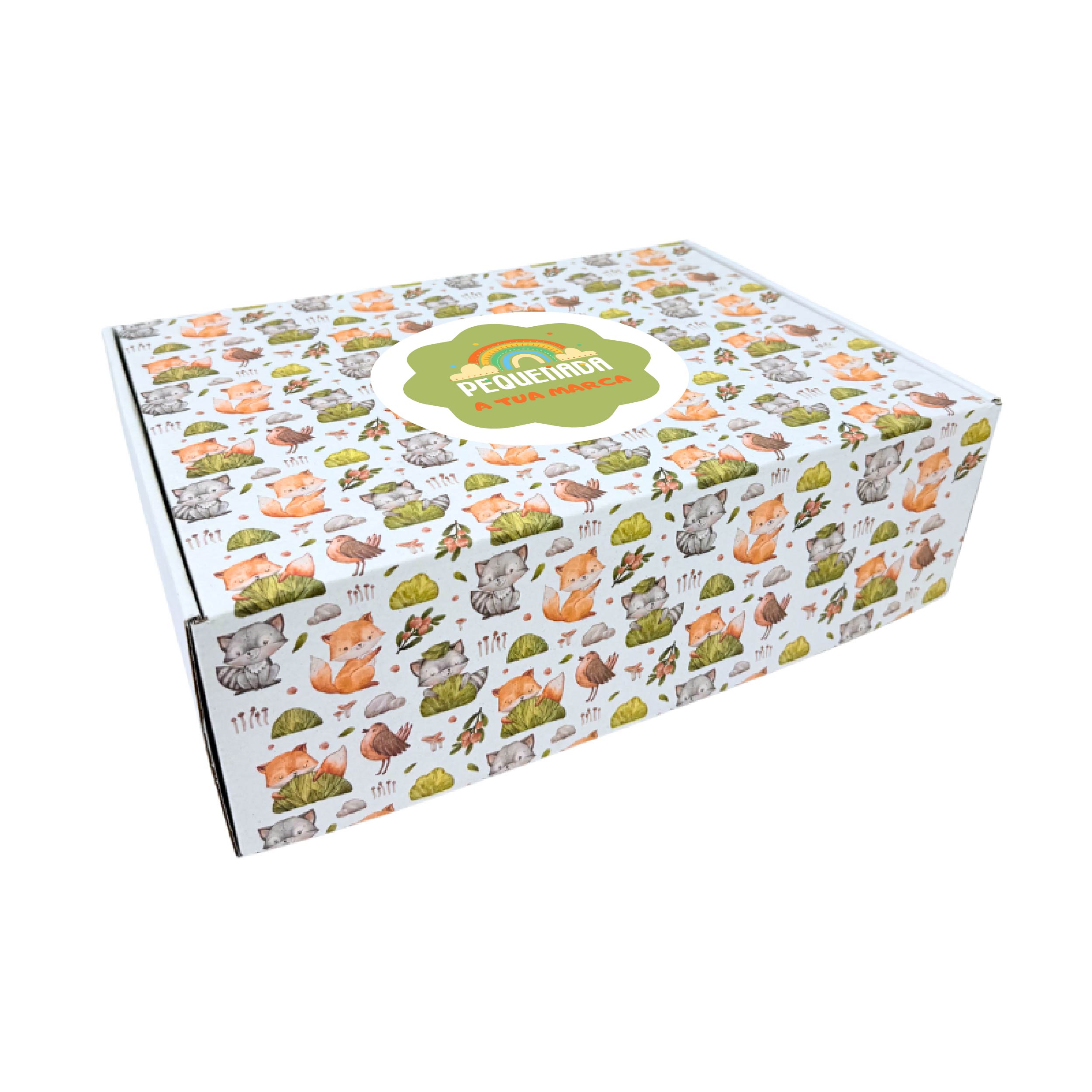 retangular-personaliza-raposas.jpg Caixa Cartão Postal Branca 370mmx270mmx120mm Padrão Raposas e Plantas + Logo – Norpack - Image 1