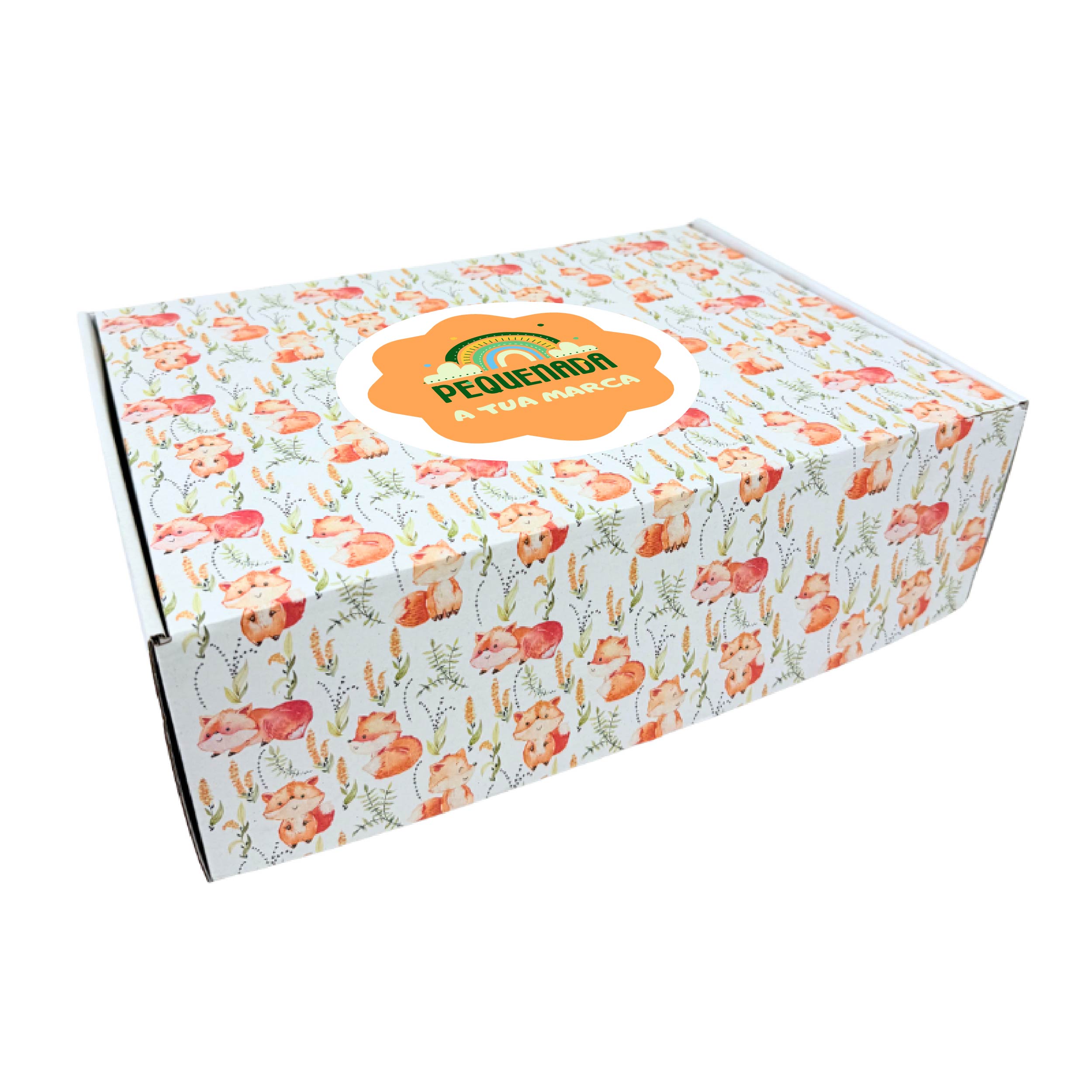 retangular-raposa-personalizada.jpg Caixa Cartão Postal Branca 370mmx270mmx120mm Padrão Raposas e Pássaros + Logo – Norpack - Image 1